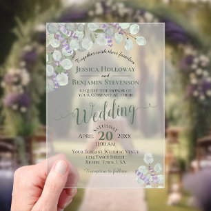 Invitaciones Acrílicas Eucalipto y Lavanda Caligrafía Elegante Boda
