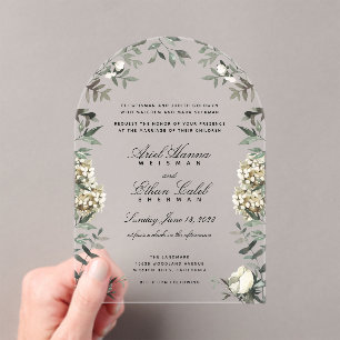 Invitaciones Acrílicas Eucalyptus Ferns Flores Blancas Apellidos de la ar