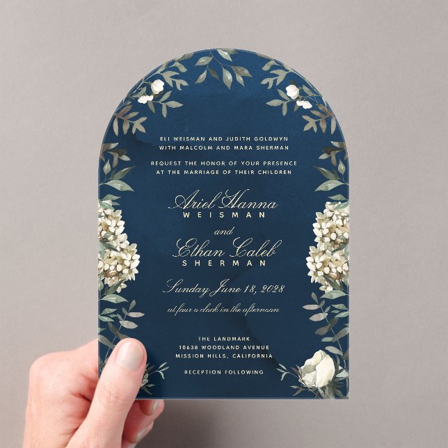 Invitaciones Acrílicas Eucalyptus Ferns White Flowers Navy Archway (Insitu (portátil))
