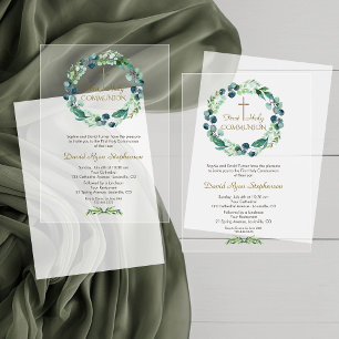 Invitaciones Acrílicas Eucalyptus Foliage Wreath Cross Boy Santa Comunión
