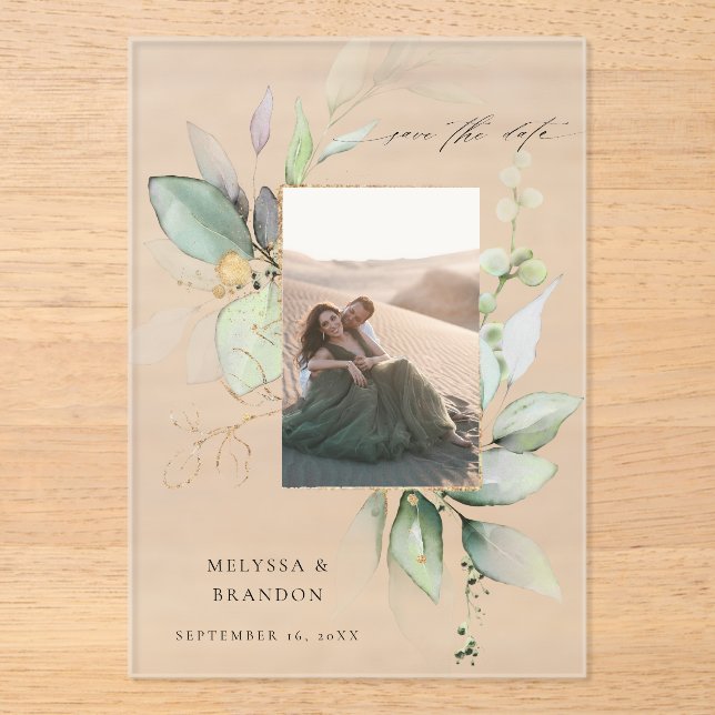 Invitaciones Acrílicas Eucalyptus Glow Vertical Photo Save the Date (Anverso)
