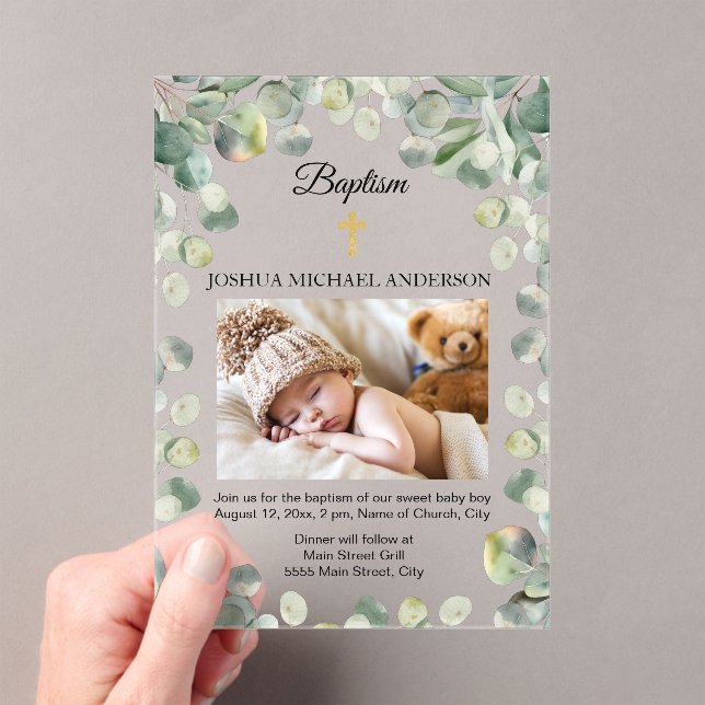 Invitaciones Acrílicas Eucalyptus Gold Cross Religion Baptism Photo (Insitu (portátil))