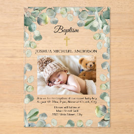 Invitaciones Acrílicas Eucalyptus Gold Cross Religion Baptism Photo