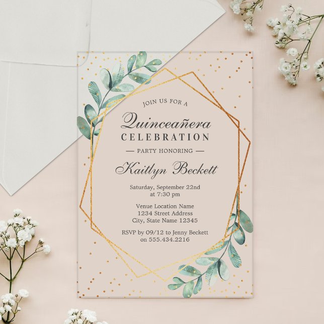 Invitaciones Acrílicas Eucalyptus Gold Geometric Quinceañera Cumpleaños (Subido por el creador)