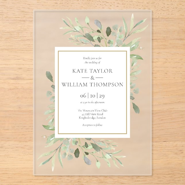 Invitaciones Acrílicas Eucalyptus Greenery Boda de acuarela botánica (Anverso)