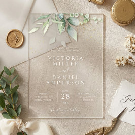 Invitaciones Acrílicas Eucalyptus Greenery Gold deja Boda botánico