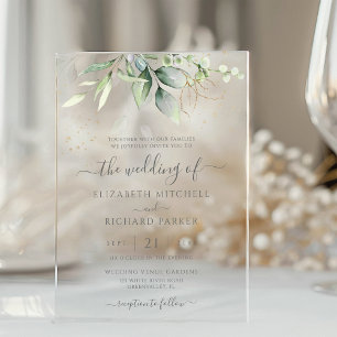 Invitaciones Acrílicas Eucalyptus Greenery Gold deja Boda botánico
