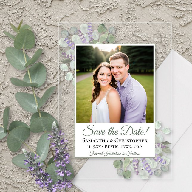 Invitaciones Acrílicas Eucalyptus & Lavender Wedding Save the Date Photo (Clear Acrylic with Rectangle Cut)