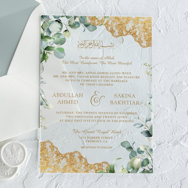Invitaciones Acrílicas Eucalyptus Leaves Gold Lace Muslim Wedding (Subido por el creador)