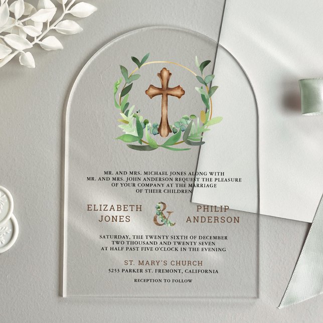 Invitaciones Acrílicas Eucalyptus Wood Cross Catholic Wedding (Subido por el creador)