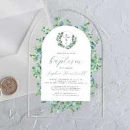 Invitaciones Acrílicas Eucalyptus Wreath Silver Cross Arch Baptism