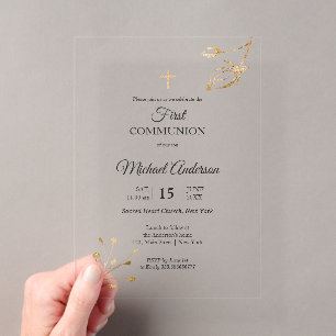 Invitaciones Acrílicas Evento religioso Primera Comunión elegante floral