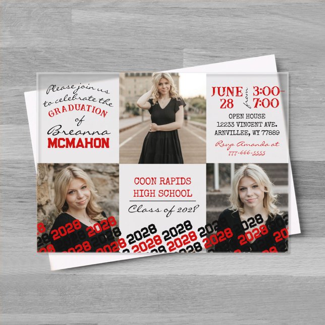 Invitaciones Acrílicas Exclusivo Graduado rojo y negro 3 foto descongelad (Unique Red and Black Graduation Acrylic Party Invitations)