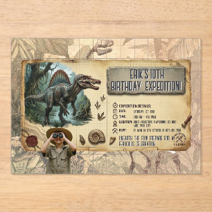 Invitaciones Acrílicas Expedición de dinosaurios Spinosaurus cumpleaños d