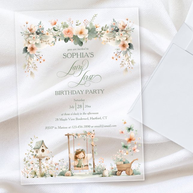 Invitaciones Acrílicas Fairy First Girl's Birthday Party Custom (elegant whimsical storybook floral garden fairy first birthday party acrylic invitation)