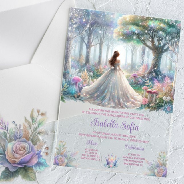 Invitaciones Acrílicas Fairytale Forest Quinceañera (Enchanted forest acrylic Quinceanera invitation. Beautiful pastel colors. Simply add your details.)