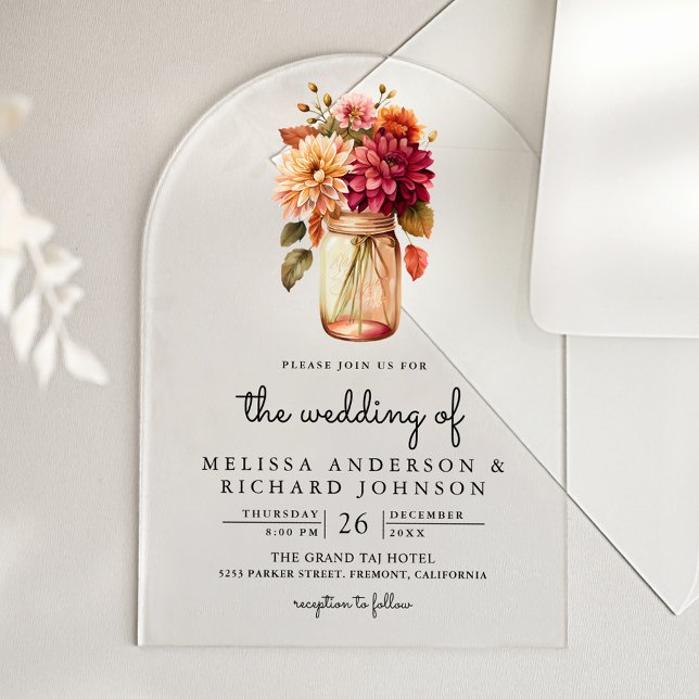 Invitaciones Acrílicas Fall Dahlia Floral Mason Jar Wedding (Subido por el creador)