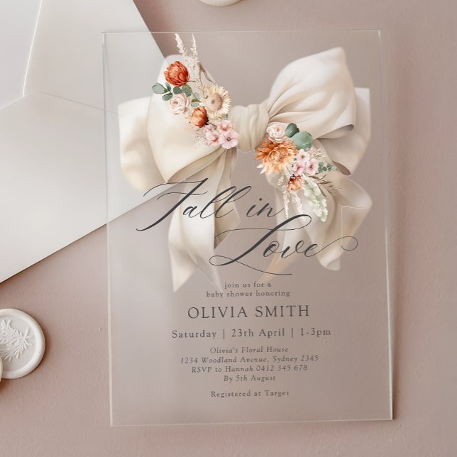 Invitaciones Acrílicas Fall in Love White Bow Floral Baby Shower (Subido por el creador)