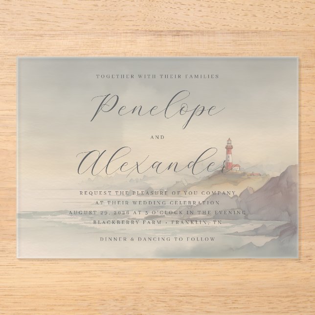 Invitaciones Acrílicas Faro de Acuarela Pastel Tranquilo (Anverso)
