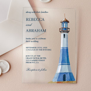 Invitaciones Acrílicas Faro Náutico Acuarela Azul Rústico Boda