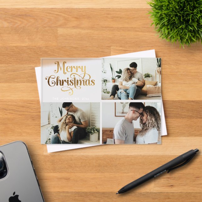 Invitaciones Acrílicas Faux Gold Family Photo Collage Christmas Card (Insitu (Tarjeta de Invitación))