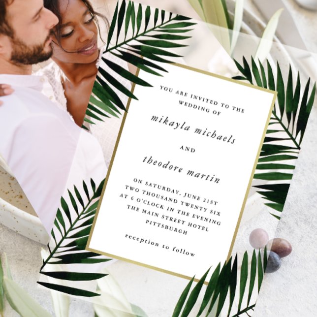 Invitaciones Acrílicas Faux Gold Frame con Boda de palma (Subido por el creador)
