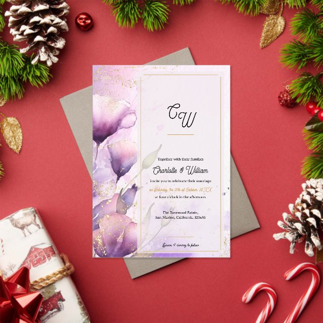 Invitaciones Acrílicas Faux Vellum Purple Floral Monogram Wedding (Insitu (Vacaciones))