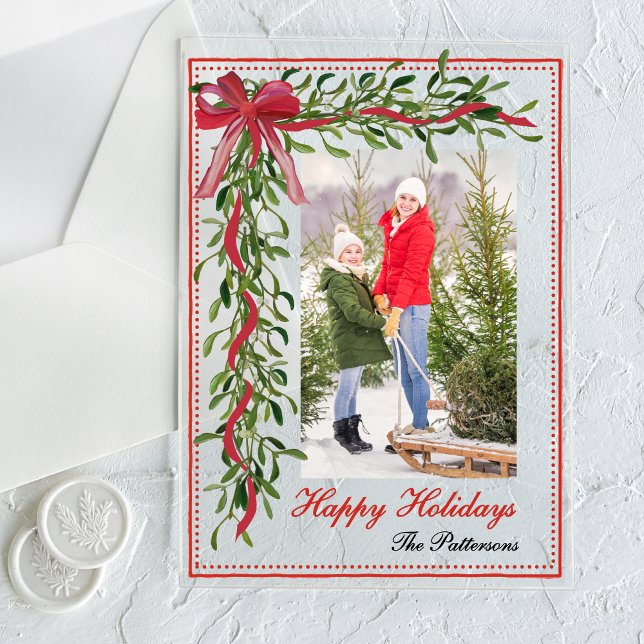 Invitaciones Acrílicas Felices fiestas Mistletoe Red Bow Family Photo (Subido por el creador)