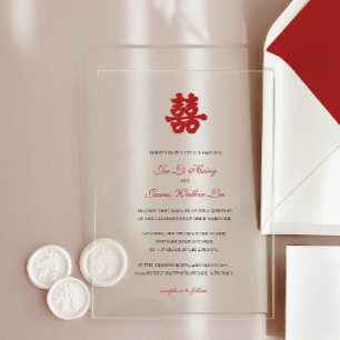 Invitaciones Acrílicas Felicidad Doble Roja caligrafía china asiática