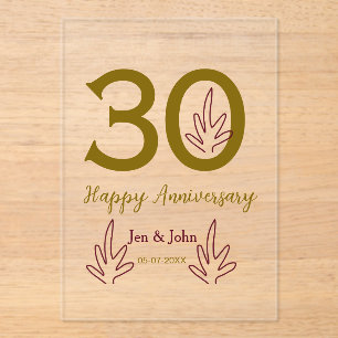 Invitaciones Acrílicas Feliz 30º aniversario nombre fecha hoja dorada roj