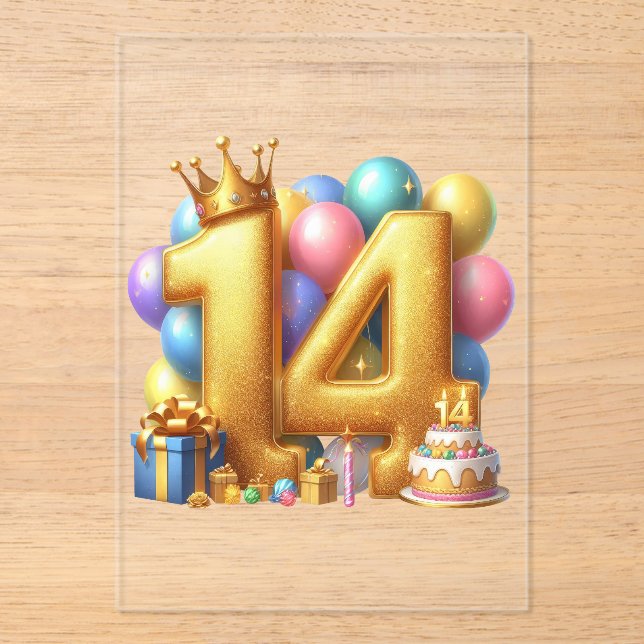 Invitaciones Acrílicas Feliz cumpleaños dorado 14 (Anverso)