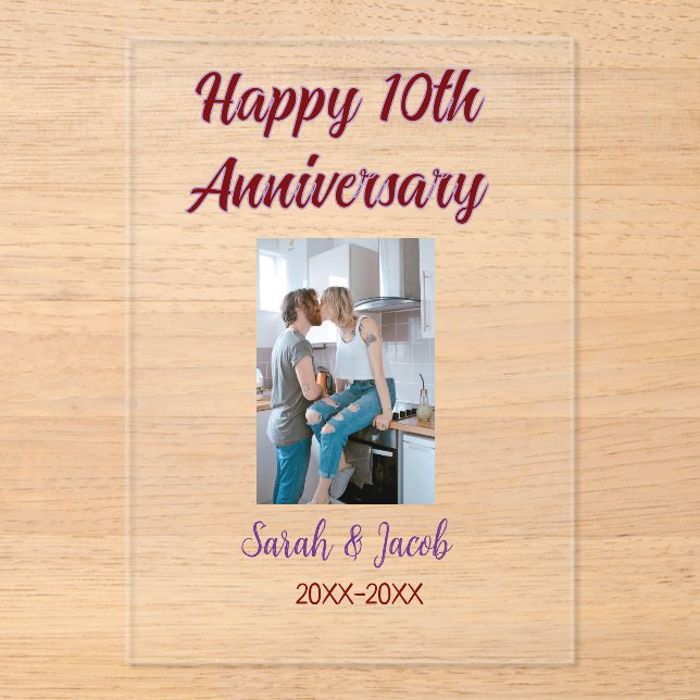 Invitaciones Acrílicas Feliz décimo aniversario foto boda apellido d (Anverso)