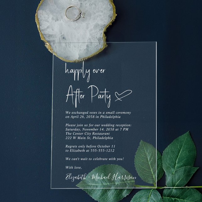 Invitaciones Acrílicas Feliz desde la recepción de la boda con escritura  (Celebrate your Happily Ever After in style with our elegant acrylic wedding reception invitations)