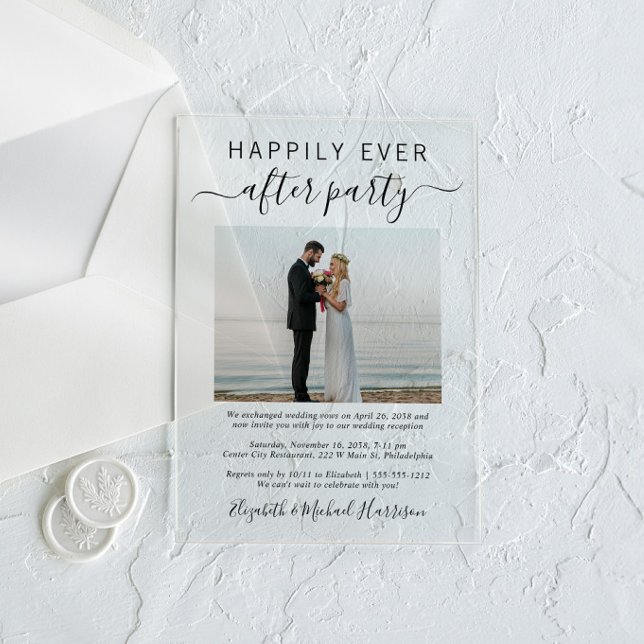 Invitaciones Acrílicas Feliz desde la recepción de la boda de Fiesta (Celebrate your Happily Ever After in style with our elegant acrylic wedding reception invitations)