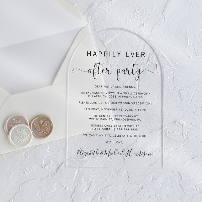 Invitaciones Acrílicas Feliz desde la recepción de la boda de Fiesta Arch (Start your forever with elegant arch-shaped acrylic invitations for a timeless Happily Ever After)