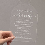 Invitaciones Acrílicas Feliz desde la recepción de la boda de Fiesta Arch<br><div class="desc">Sencilla y de moda, o invitación boda privada y recepción de bodas con forma de arco de invitación acrílica clara. "Feliz eterno después del Fiesta" está escrito en una mezcla de tipografía blanca simple y un guión blanco elegante con toques. Personalice su invitación boda y la invitación a la recepción...</div>