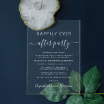 Invitaciones Acrílicas Feliz desde la recepción de la boda Fiesta<br><div class="desc">Sencilla y moda, o invitación boda privada y recepción de boda clara invitación acrílica. "Feliz eterno después del Fiesta" está escrito en una mezcla de tipografía blanca simple y un guión blanco elegante con toques. Personalice su invitación boda y la invitación a la recepción y agregue sus nombres en un...</div>