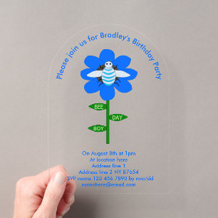 Invitaciones Acrílicas Feliz Día de la Abeja Niño Azul Cumpleaños Abejorr