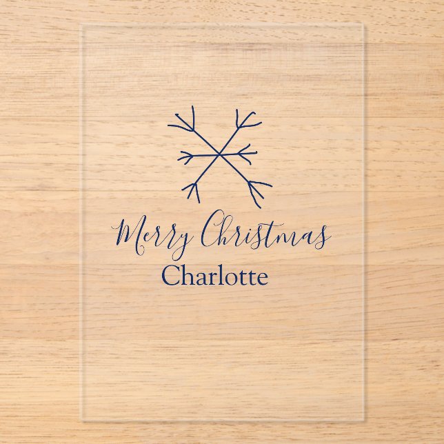 Invitaciones Acrílicas Feliz Navidad copos de nieve azules agregar nombre (Anverso)