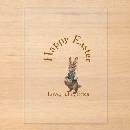 Invitaciones Acrílicas Feliz Pascua conejo marrón con huevos amor añadir