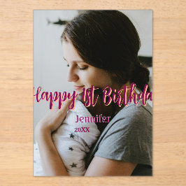 Invitaciones Acrílicas Feliz primer cumpleaños niños bebé madre naranja r