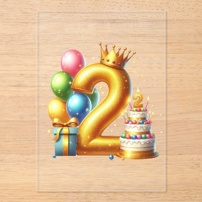 Invitaciones Acrílicas Feliz segundo cumpleaños dorado (Anverso)