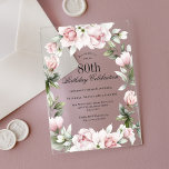 Invitaciones Acrílicas Feminine Pink Roses 80th Birthday Party<br><div class="desc">Celebrar un cumpleaños número 80 en el más bello estilo femenino con esta exquisita invitación de cumpleaños acrílico en flores rosas. El texto de su evento está rodeado por una cortina de flores de color rosa pastel y un verde brillante. Todo el texto se puede personalizar con el texto de...</div>