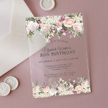 Invitaciones Acrílicas Feminine Pink Roses Floral 80th Birthday Party<br><div class="desc">Esta irresistible florida invitación a celebrar los 80 años con un estilo elegante es una hermosa invitación a las mujeres para celebrar una fiesta. Rodeado de bonitas rosas rosas rosas rosas, flores mezcladas y vegetación. Todo el texto puede ser personalizado para su fiesta, incluyendo la edad del invitado de honor....</div>