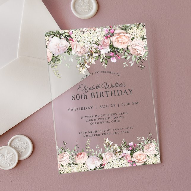 Invitaciones Acrílicas Feminine Pink Roses Floral 80th Birthday Party (Subido por el creador)