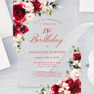 Invitaciones Acrílicas FESTA DE CUMPLEAÑOS 18 Sorpresa Rosa Rojo Peonía 