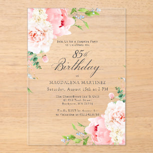 Invitaciones Acrílicas FESTA DE CUMPLEAÑOS 85 Sorpresa Floral Peonía Rosa