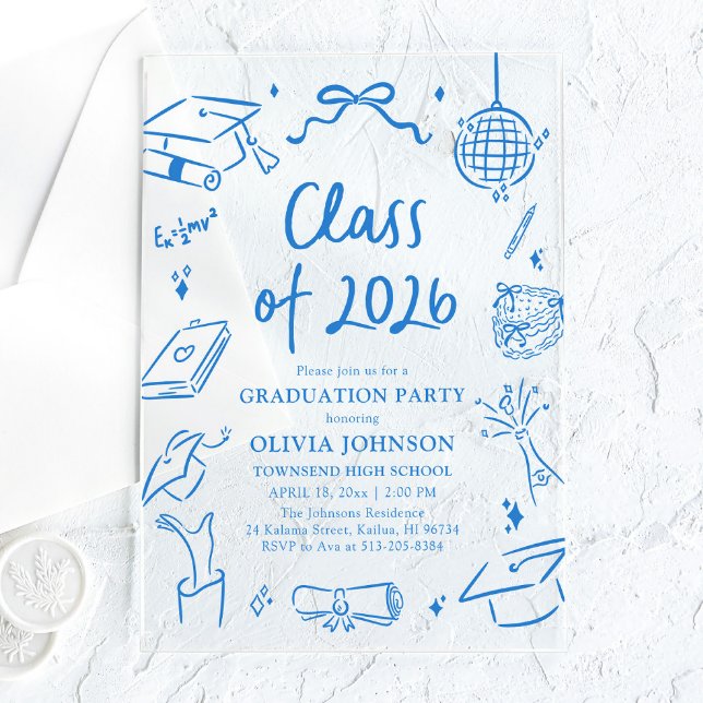 Invitaciones Acrílicas Festa de Graduación Azul Dibujada a Mano Clase de  (Hand Drawn Class of 2026 Blue Graduation Party Acrylic Invitations)
