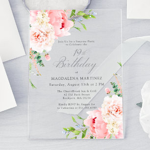 Invitaciones Acrílicas FESTA SORPRESA Cumpleaños 19 Rosas Flor de Peonía 