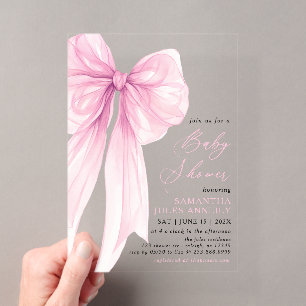 Invitaciones Acrílicas Festejo de Bebé con Lazo Rosa Moderno